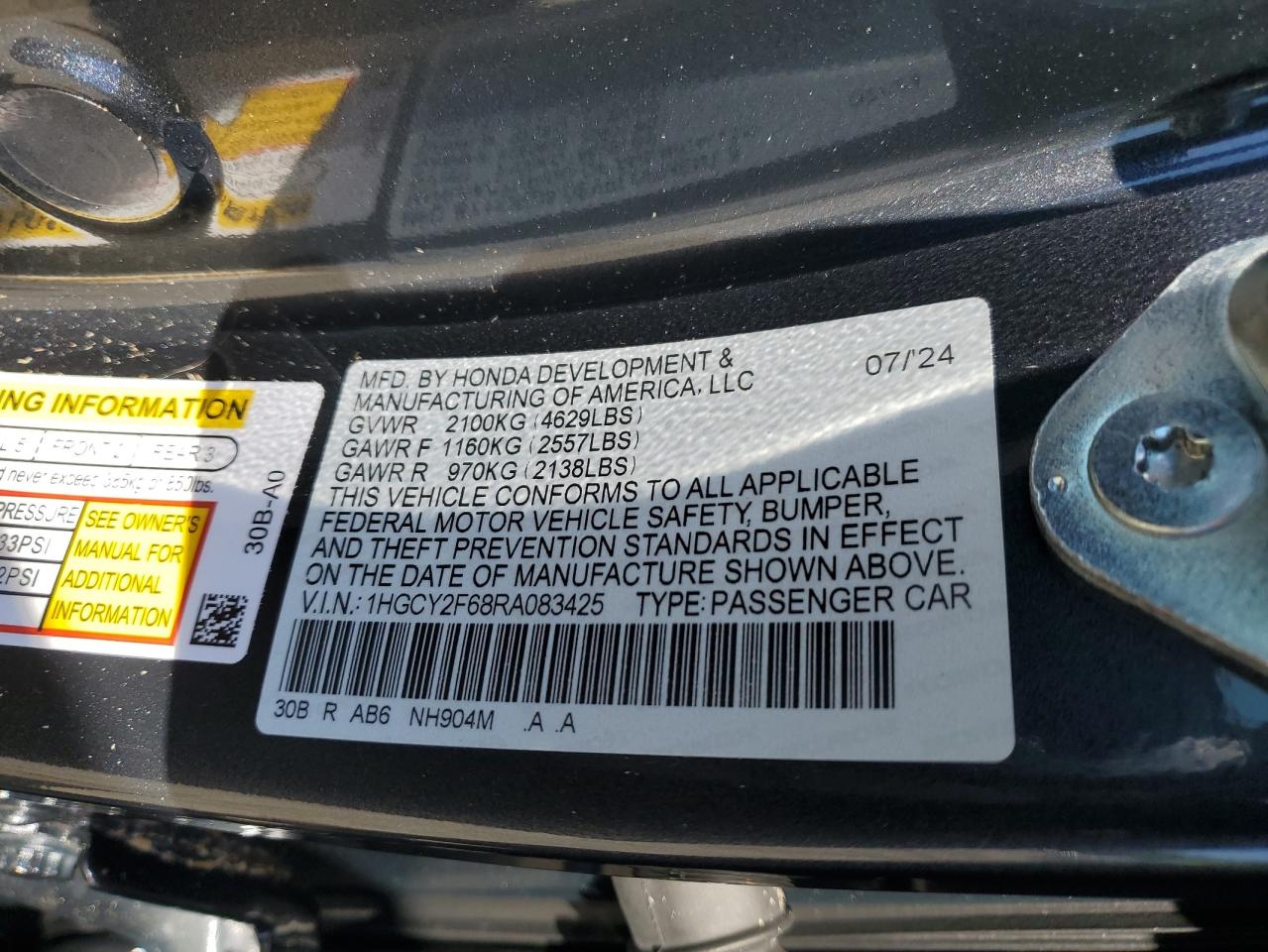 2024 Honda Accord VIN 1HGCY2F68RA083425 Copart auction photo, all over damage thumbnail 13
