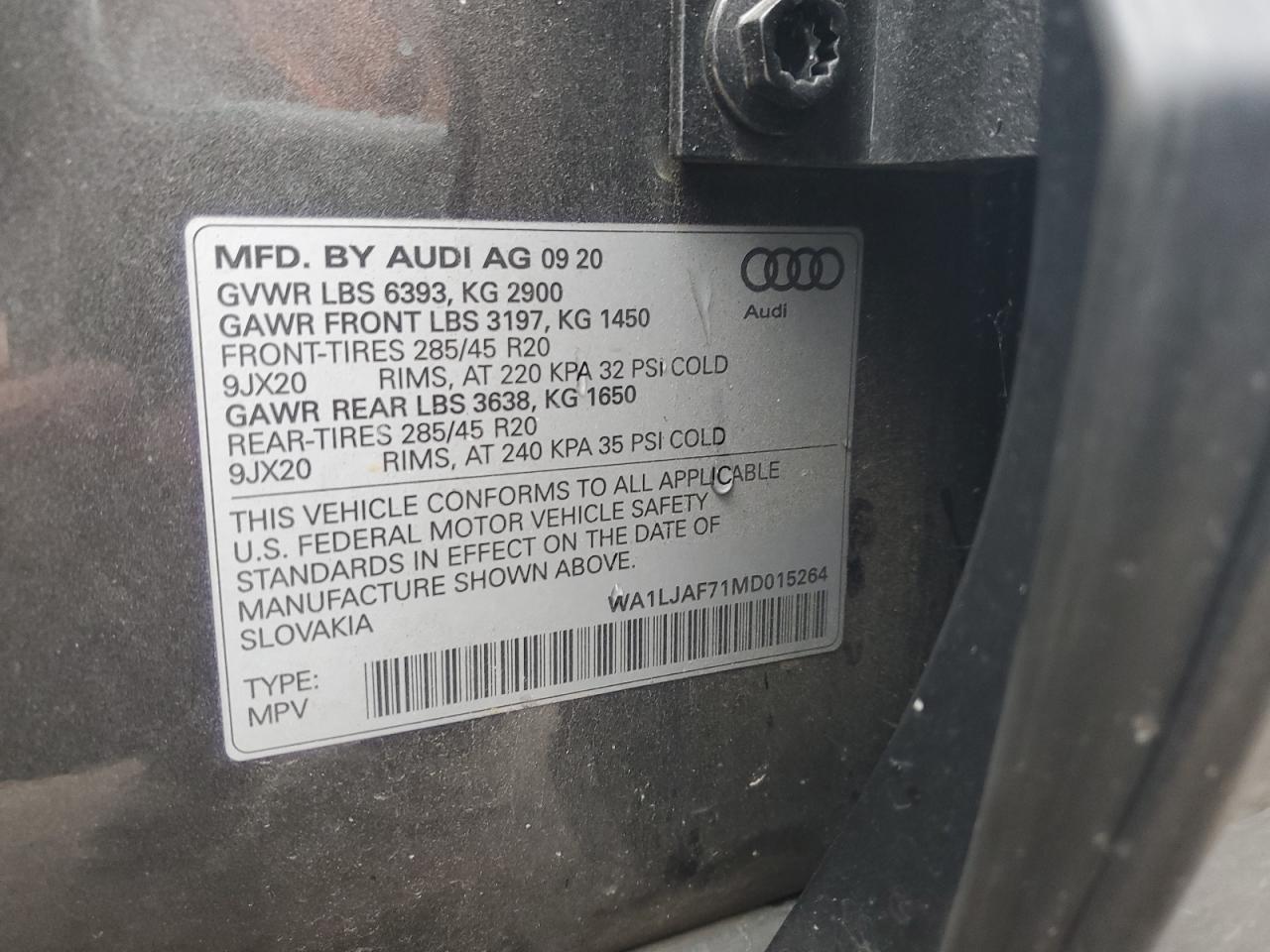 2021 Audi Q7 VIN WA1LJAF71MD015264 Copart auction photo, rear end / partial repair damage thumbnail 16