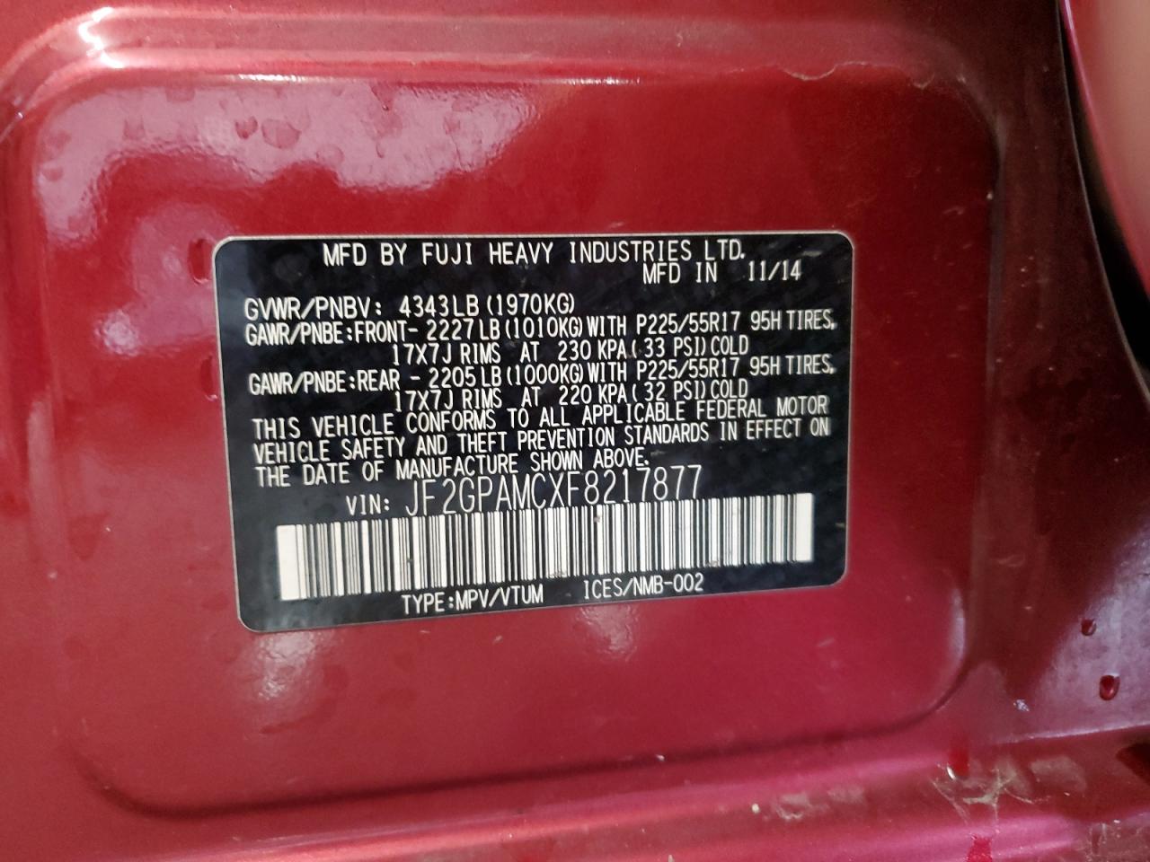 2015 Subaru XV VIN JF2GPAMCXF8217877 Copart auction photo, front end / undercarriage damage thumbnail 13
