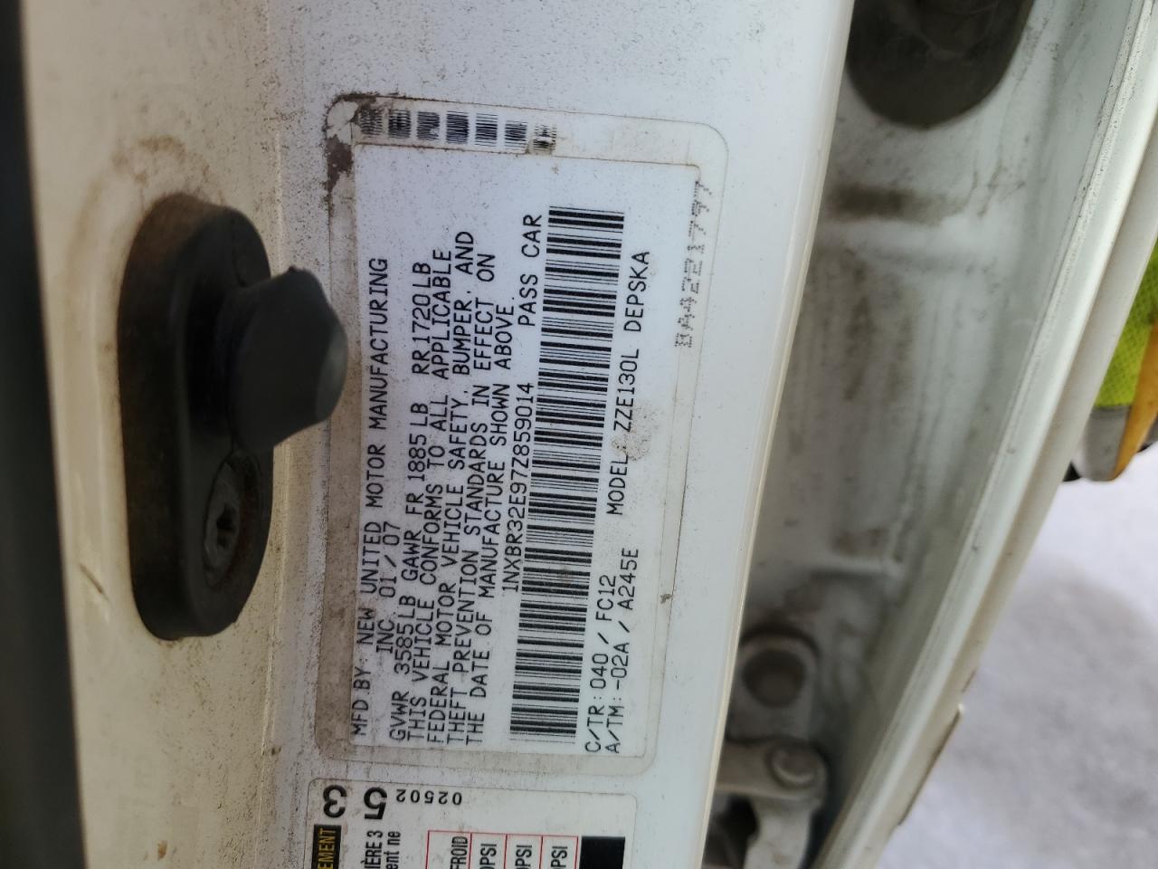 2007 Toyota Corolla VIN 1NXBR32E97Z859014 Copart auction photo, front end / mechanical damage thumbnail 12