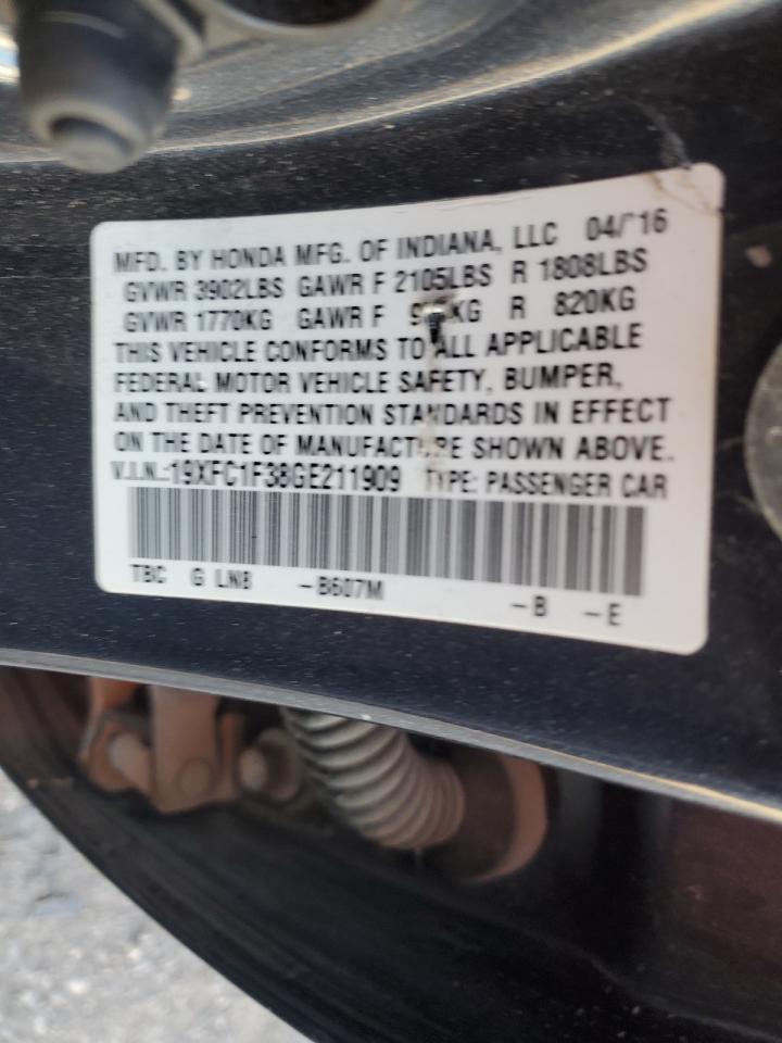 2019 Honda Civic VIN 19XFC1F38GE211909 Copart auction photo, rear end / front end damage thumbnail 14