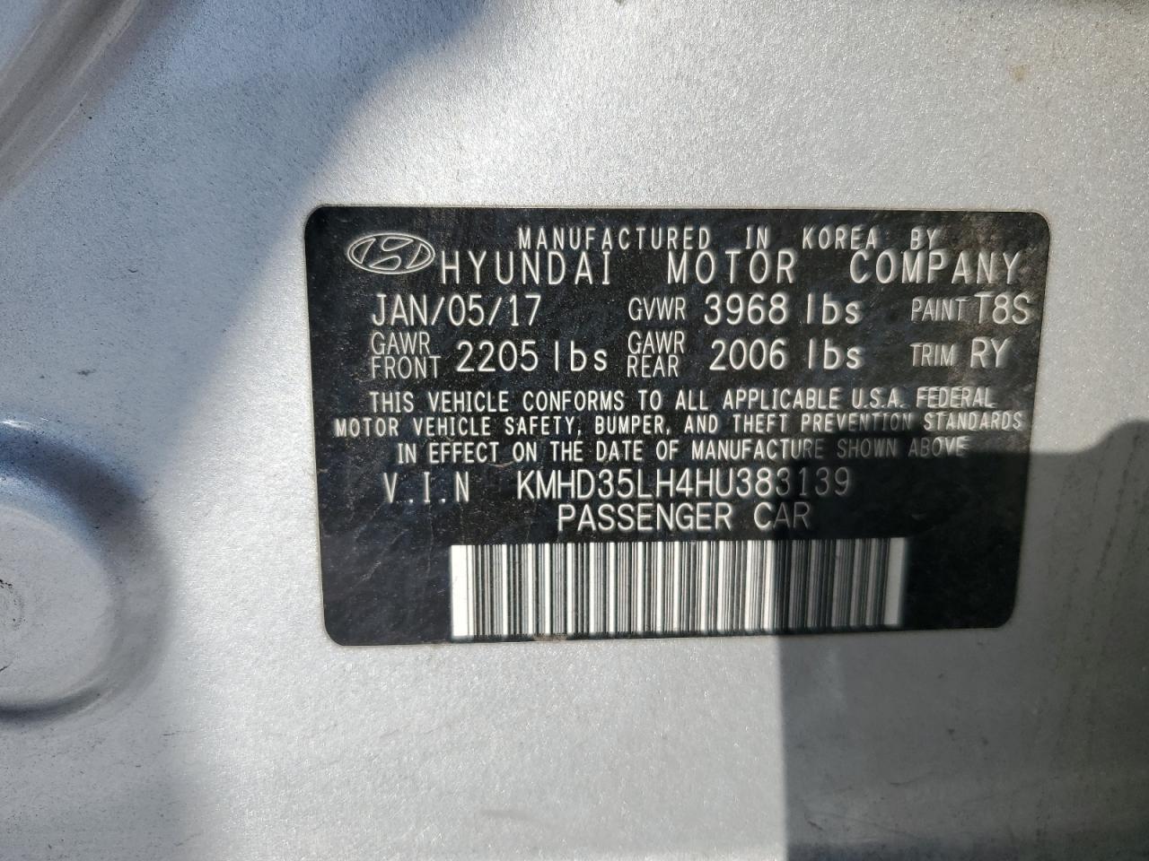 2017 Hyundai Elantra VIN KMHD35LH4HU383139 Copart auction photo, front end damage thumbnail 12