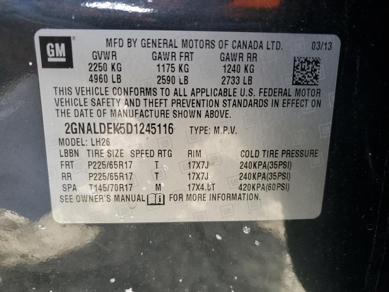 2013 Chevrolet Equinox VIN 2GNALDEK5D1245116 Copart auction photo, front end / side damage thumbnail 15