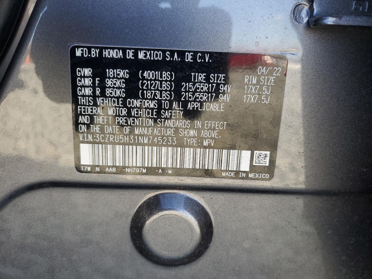 2022 Honda HR-V VIN 3CZRU5H31NM745233 Copart auction photo, minor dent/scratches damage thumbnail 12
