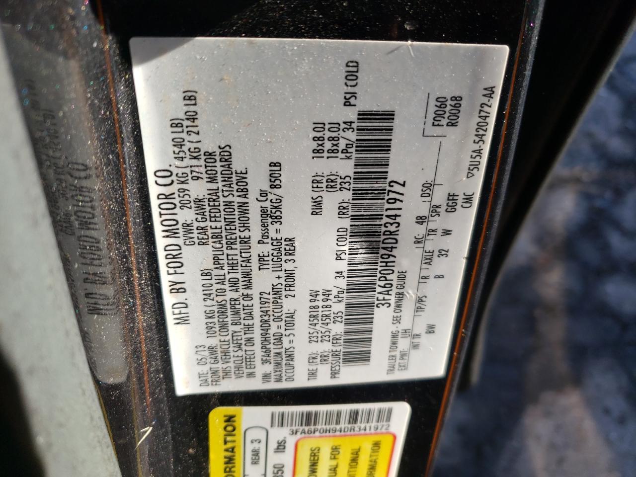 2013 Ford Fusion VIN 3FA6P0H94DR341972 Copart auction photo, side damage thumbnail 12