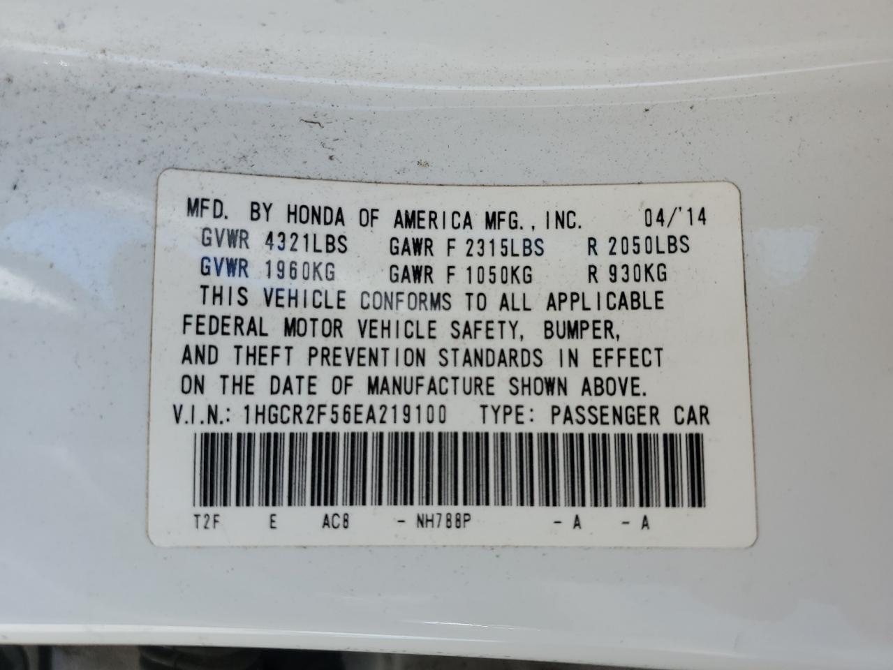 2014 Honda Accord VIN 1HGCR2F56EA219100 Copart auction photo, side / rear end damage thumbnail 14