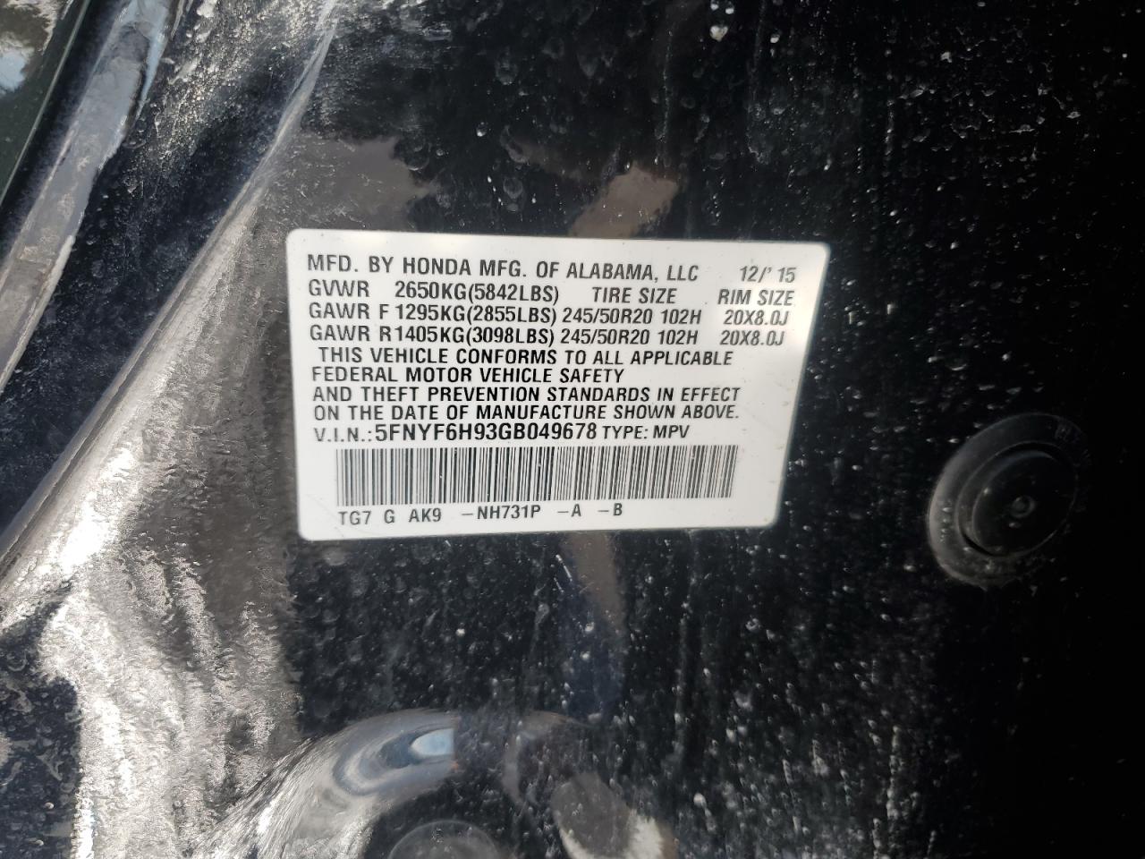 2016 Honda Pilot VIN 5FNYF6H93GB049678 Copart auction photo, rear end / front end damage thumbnail 13