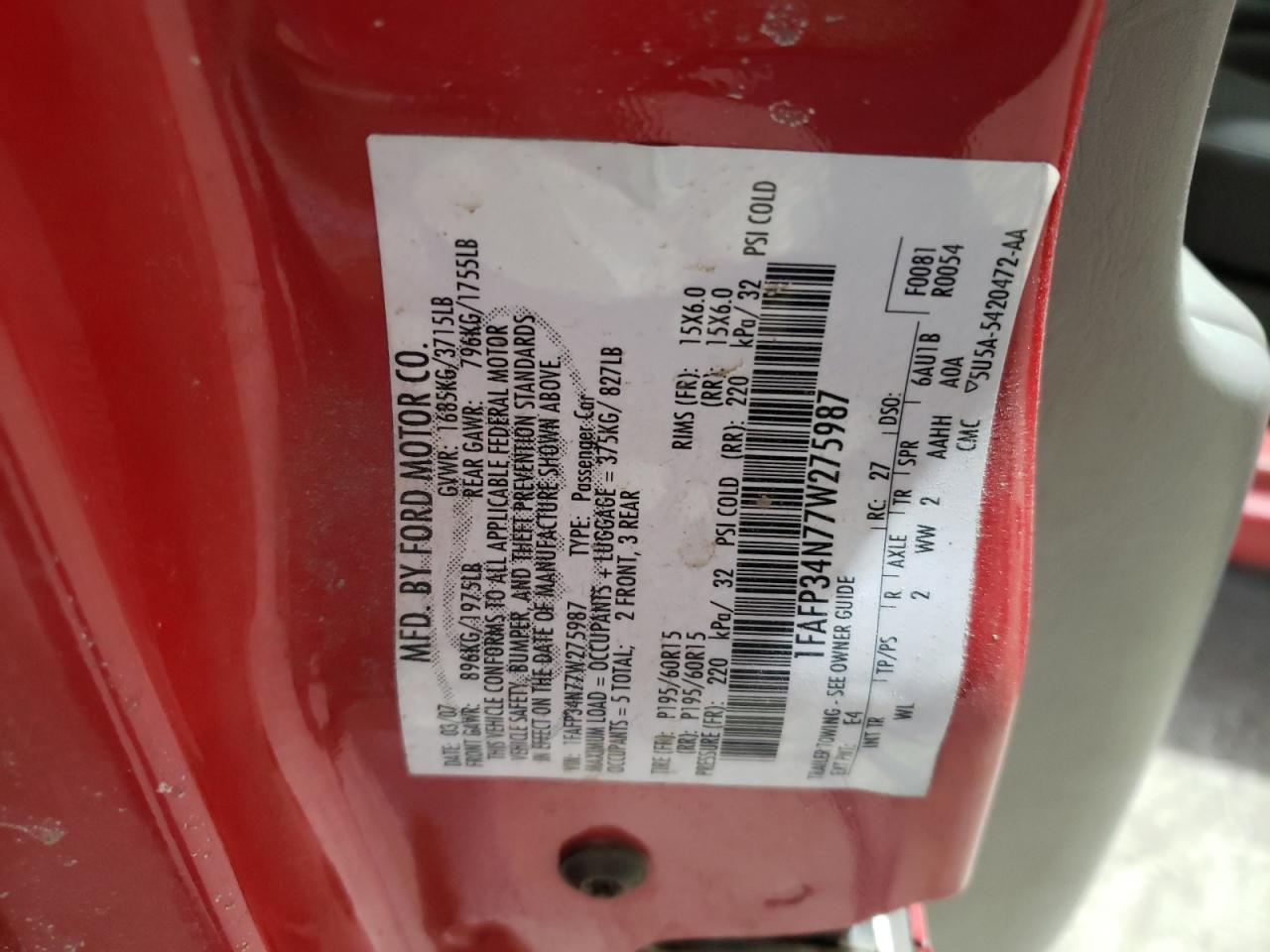 2007 Ford Focus VIN 1FAFP34N77W275987 Copart auction photo, front end damage thumbnail 14