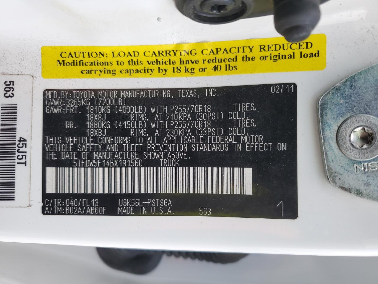 2011 Toyota Tundra VIN 5TFDW5F14BX191560 Copart auction photo, front end / minor dent/scratches damage thumbnail 15