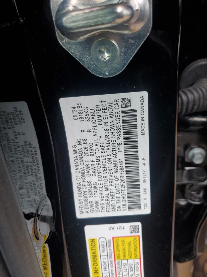 2024 Honda Civic VIN 2HGFE2F20RH584491 Copart auction photo, front end damage thumbnail 13
