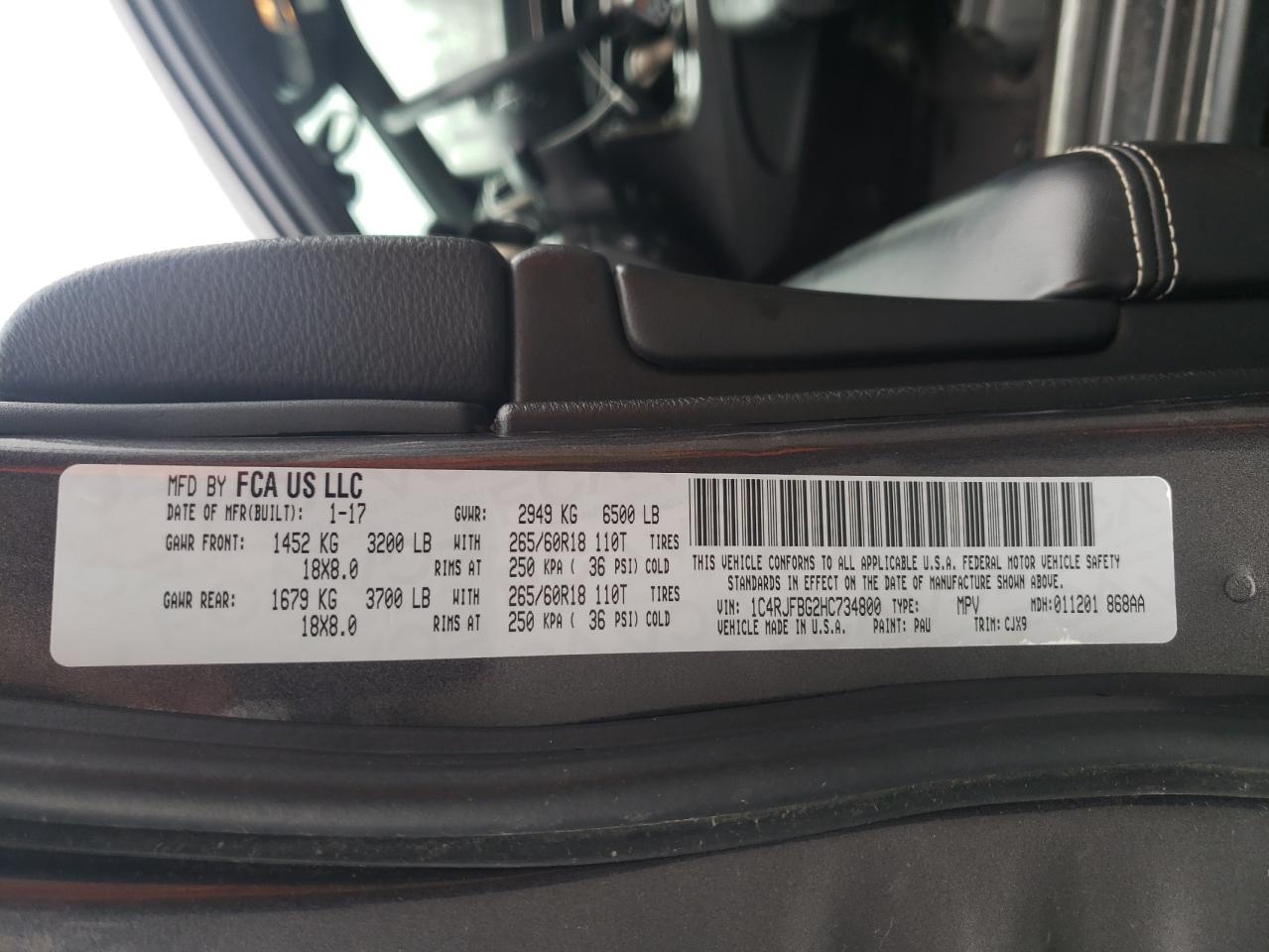2017 Jeep Grand Cherokee VIN 1C4RJFBG2HC734800 Copart auction photo, front end / frame damage damage thumbnail 12