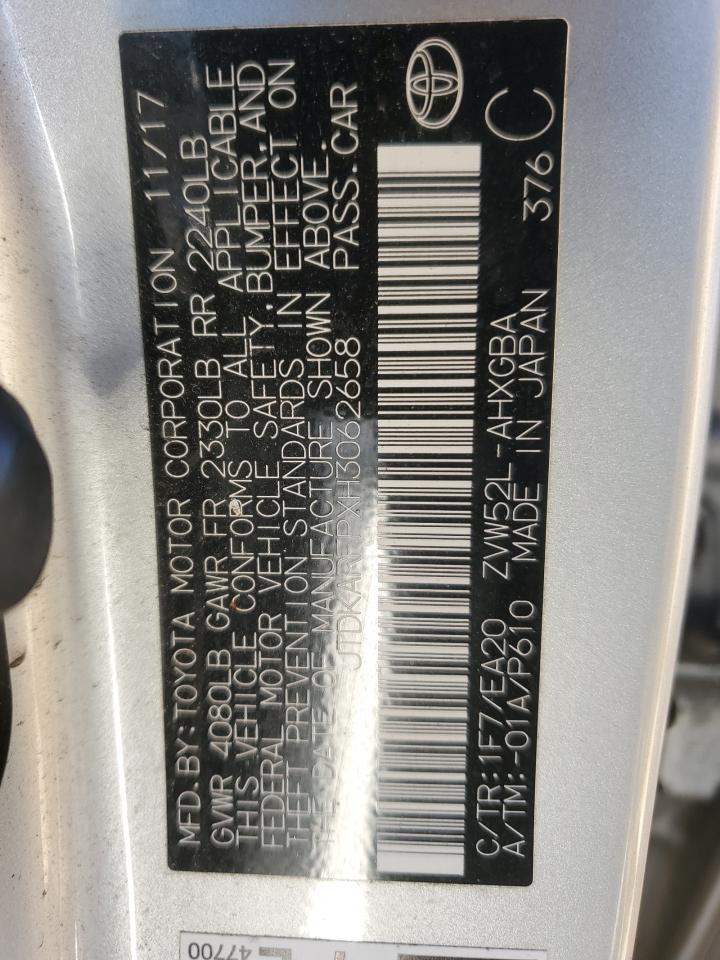 2017 Toyota Prius VIN JTDKARFPXH3062658 Copart auction photo, front end / minor dent/scratches damage thumbnail 12