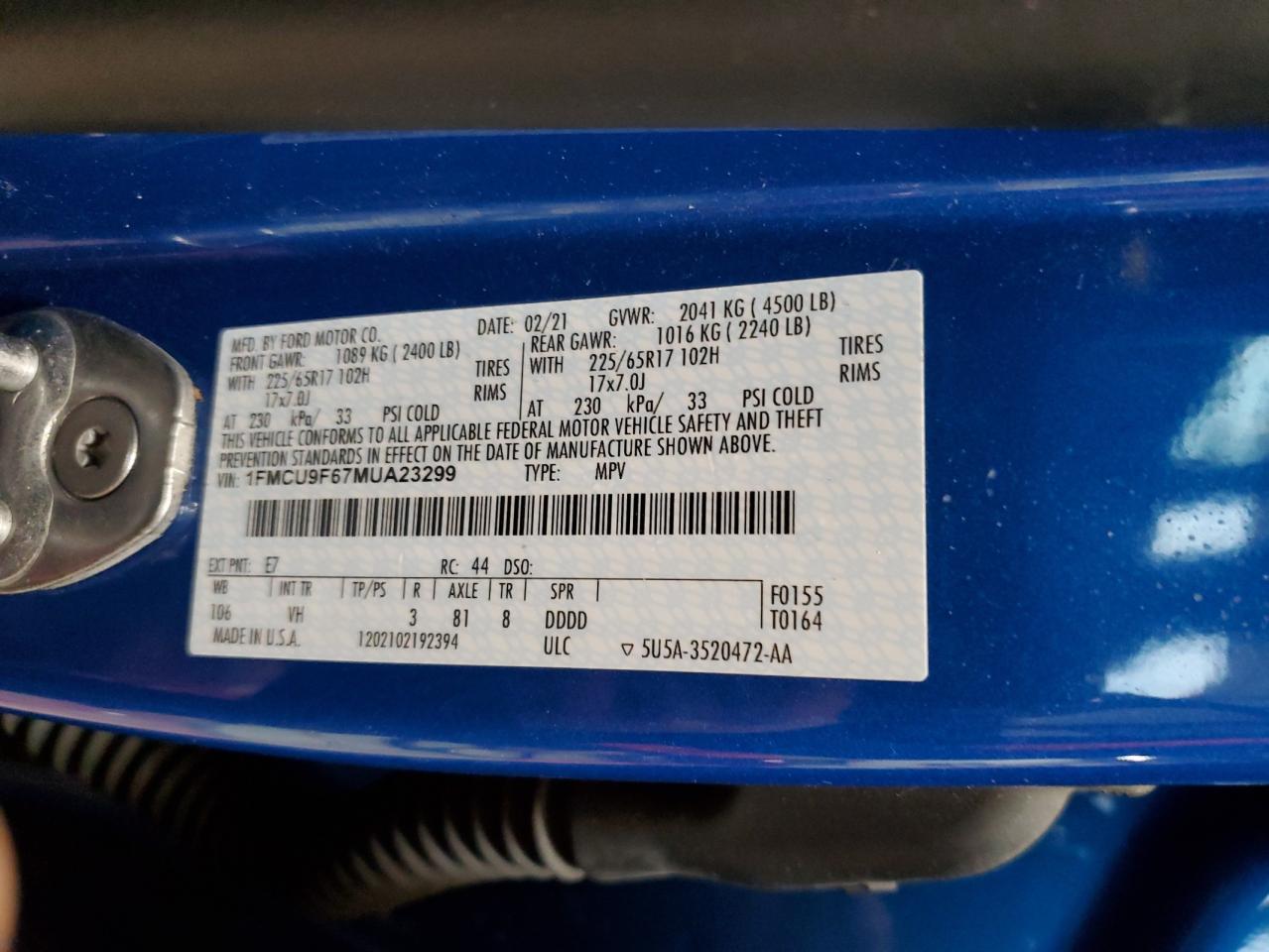 2021 Ford Escape VIN 1FMCU9F67MUA23299 Copart auction photo, front end / side damage thumbnail 14