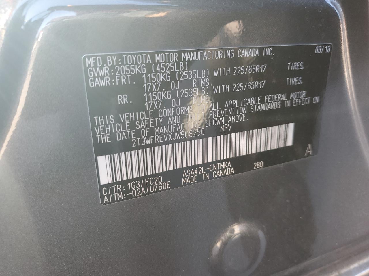 2018 Toyota RAV 4 VIN 2T3WFREVXJW508250 Copart auction photo, front end damage thumbnail 15