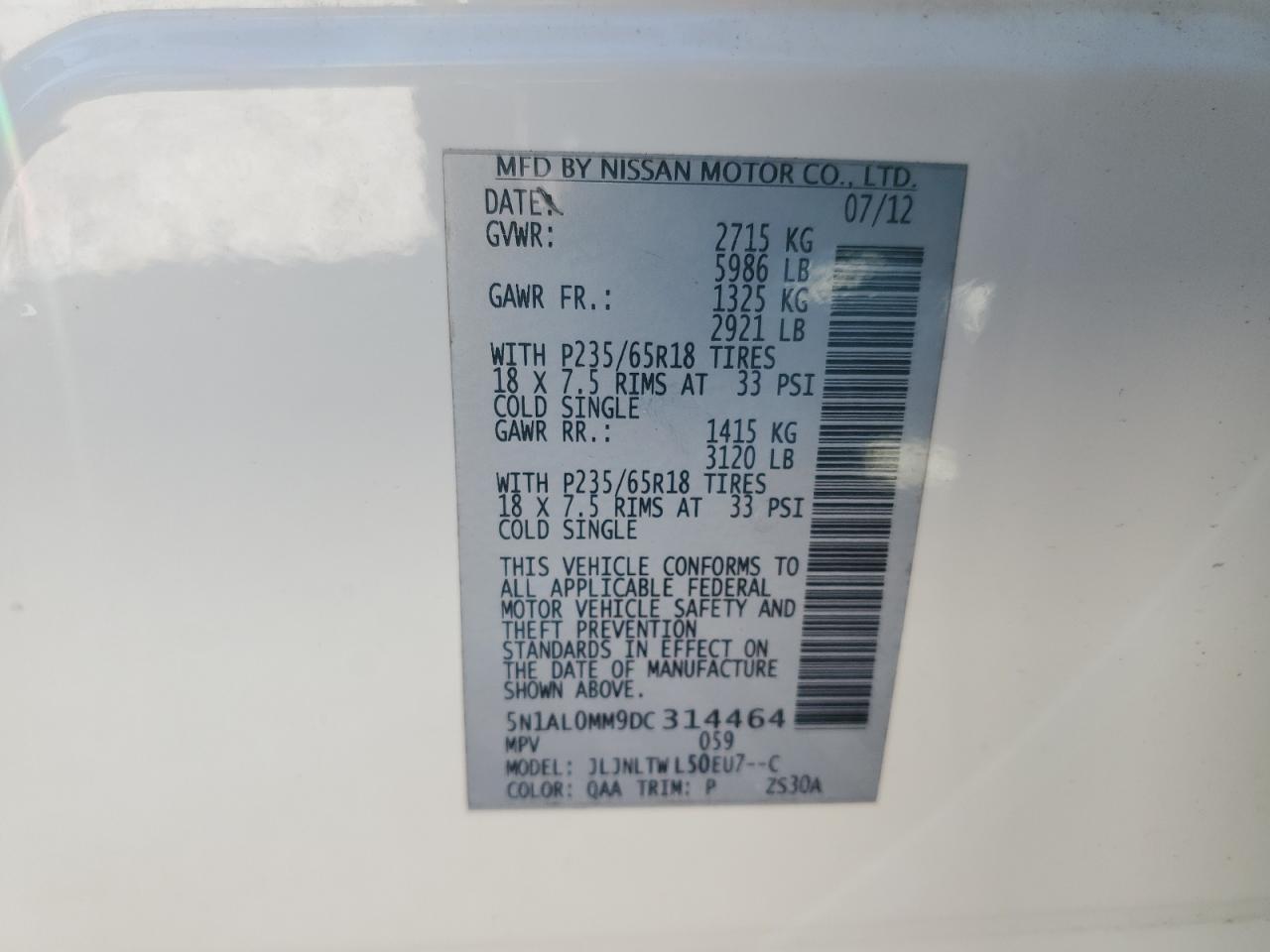 2013 Infiniti JX VIN 5N1AL0MM9DC314464 Copart auction photo, front end damage thumbnail 14