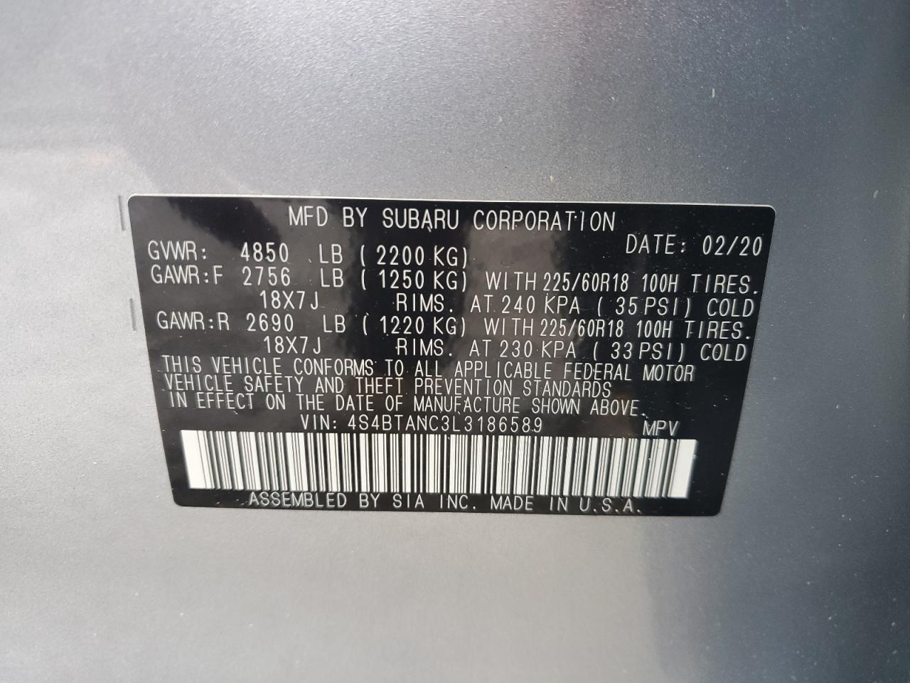 2020 Subaru Outback VIN 4S4BTANC3L3186589 Copart auction photo, front end damage thumbnail 14