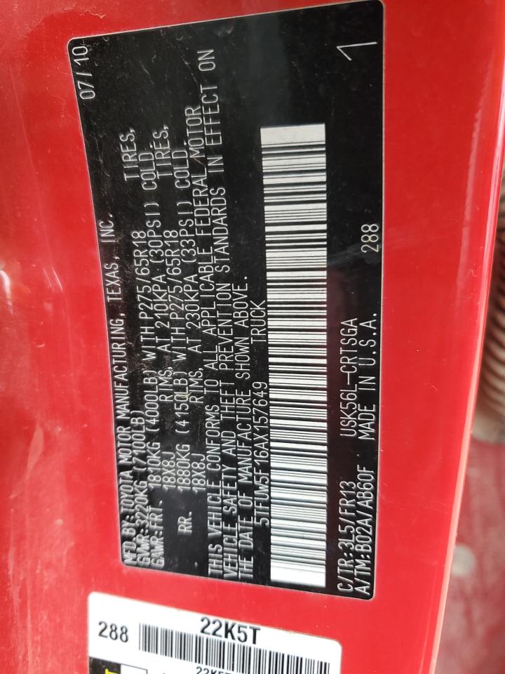 2010 Toyota Tundra VIN 5TFUW5F16AX157649 Copart auction photo, front end / side damage thumbnail 12