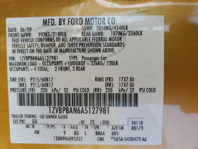 2010 Ford Mustang VIN 1ZVBP8AN6A5127981 Copart auction photo, side damage thumbnail 12
