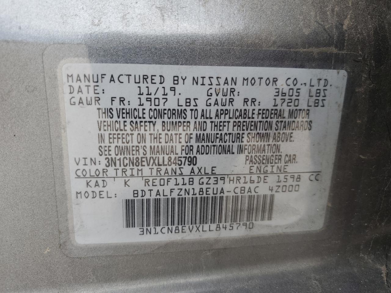 2020 Nissan Versa VIN 3N1CN8EVXLL845790 Copart auction photo, all over damage thumbnail 13