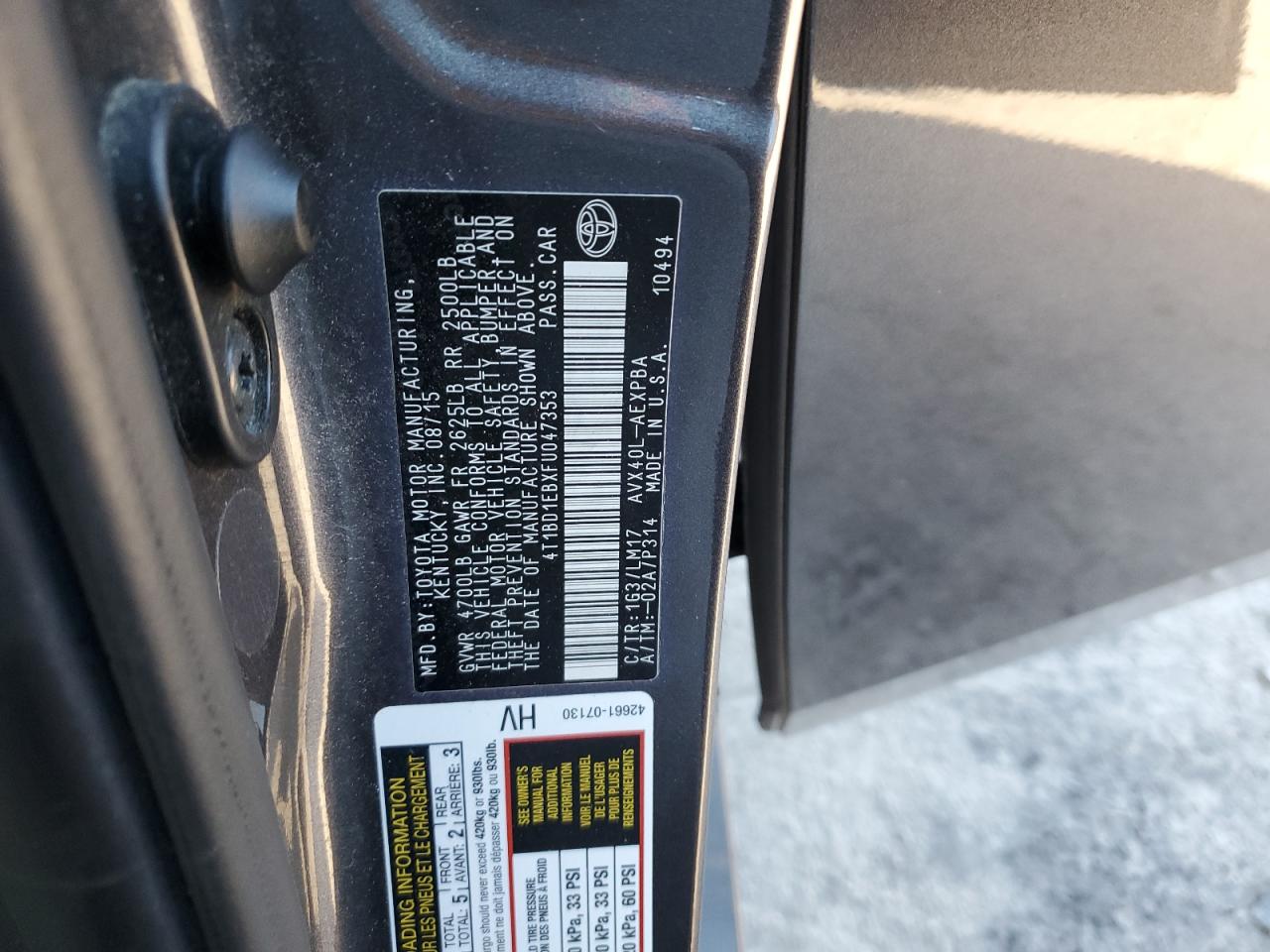 2015 Toyota Avalon VIN 4T1BD1EBXFU047353 Copart auction photo, front end damage thumbnail 14