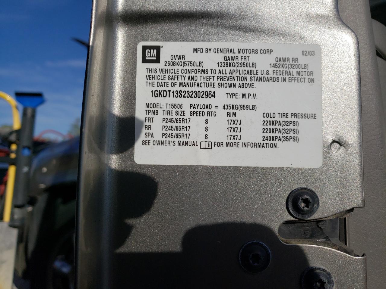 2003 GMC Envoy VIN 1GKDT13S232302964 Copart auction photo, front end damage thumbnail 13