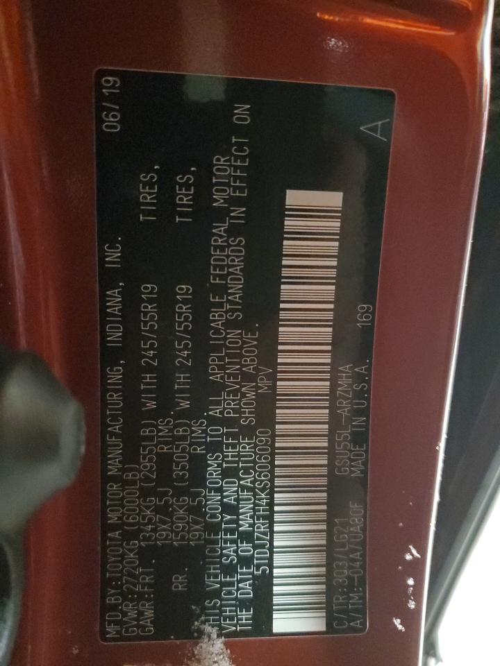 2019 Toyota Highlander VIN 5TDJZRFH4KS606090 Copart auction photo, side damage thumbnail 15