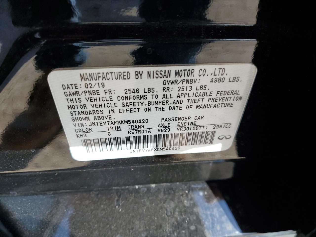 2019 Infiniti Q50 VIN JN1EV7APXKM540420 Copart auction photo, front end damage thumbnail 12