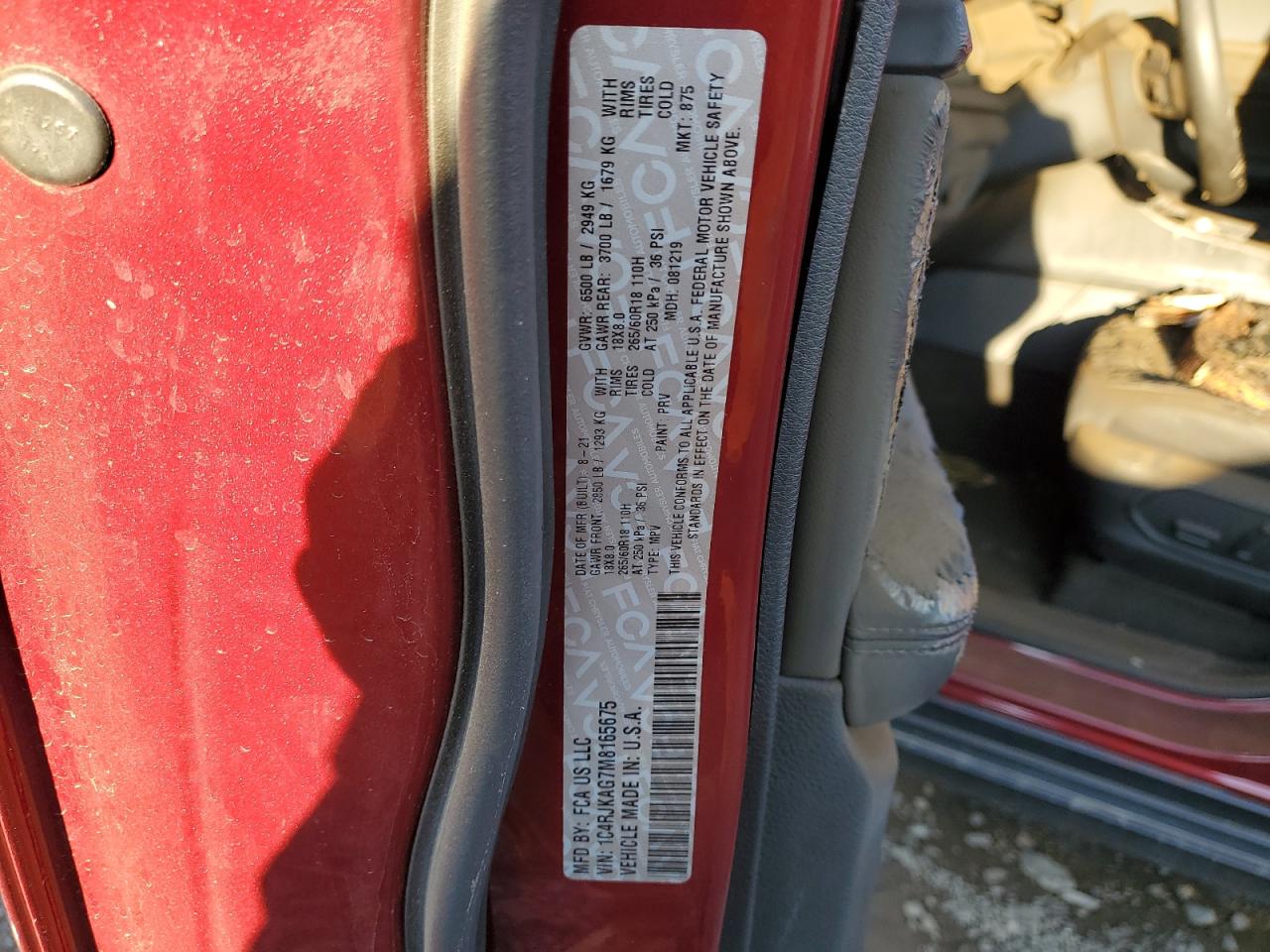 2021 Jeep Grand Cherokee VIN 1C4RJKAG7M8165675 Copart auction photo, burn - interior damage thumbnail 13