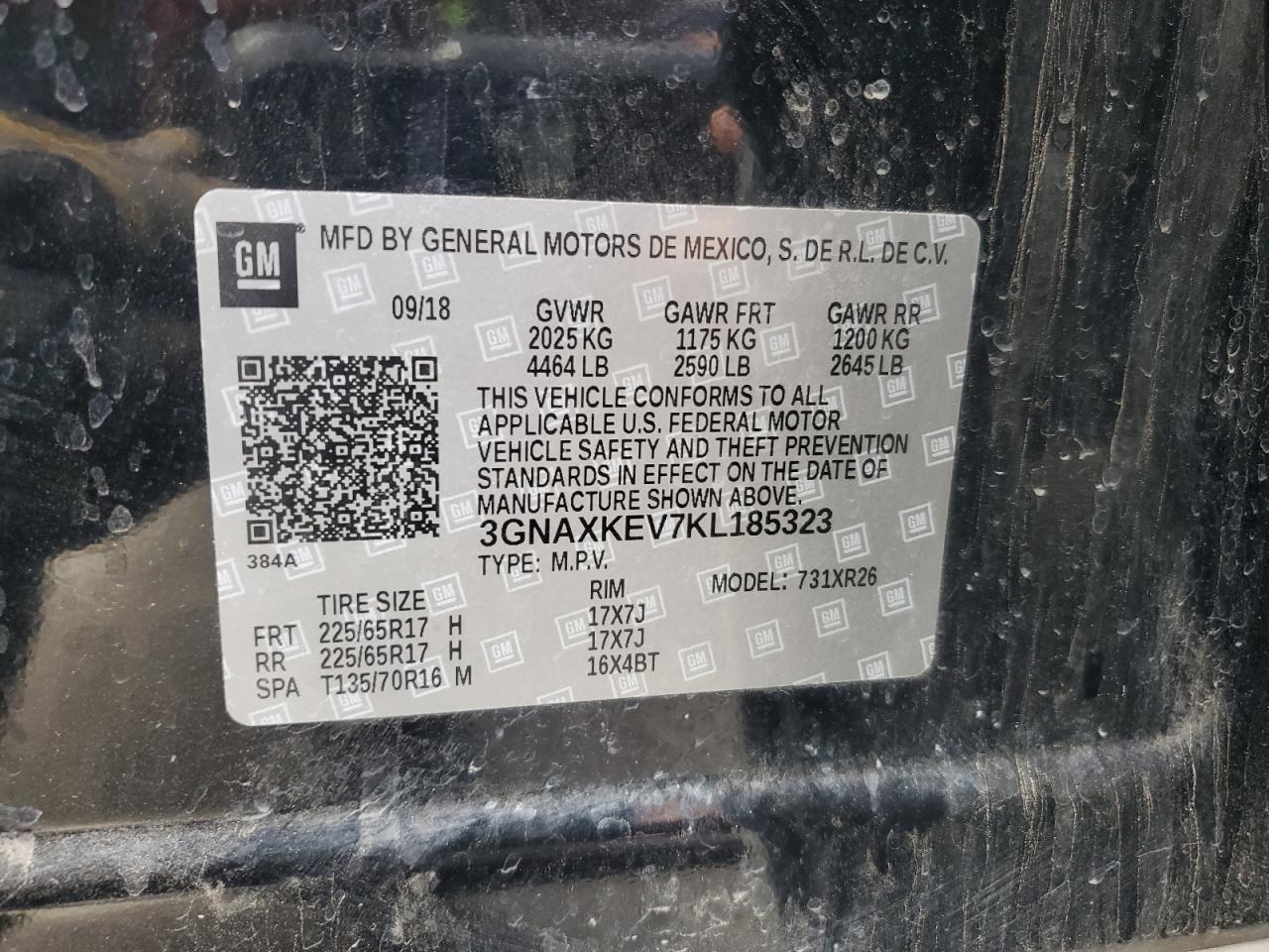 2019 Chevrolet Equinox VIN 3GNAXKEV7KL185323 Copart auction photo, front end damage thumbnail 14