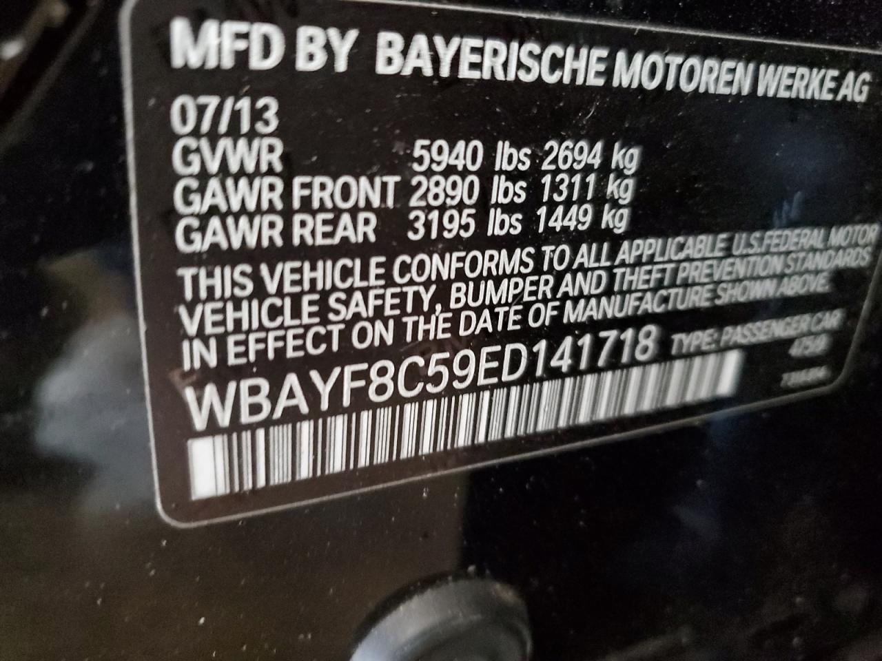 2014 BMW 7er VIN WBAYF8C59ED141718 Copart auction photo, front end / side damage thumbnail 12