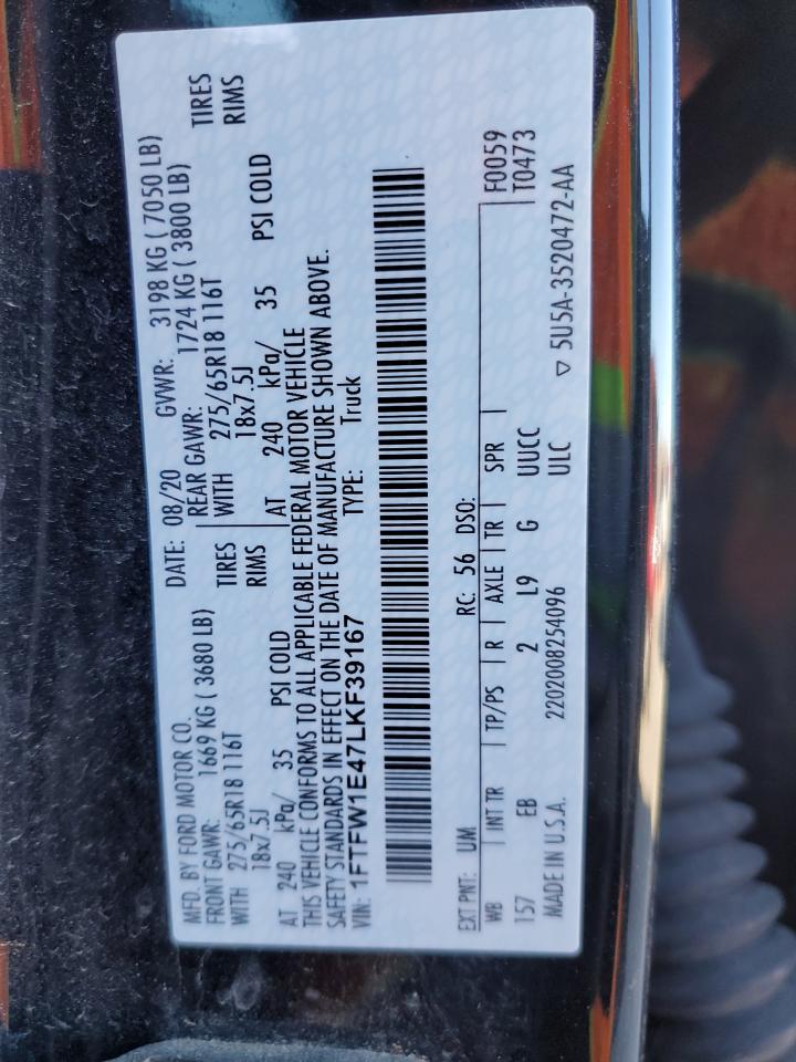 2020 Ford F-150 VIN 1FTFW1E47LKF39167 Copart auction photo, rear end damage thumbnail 12