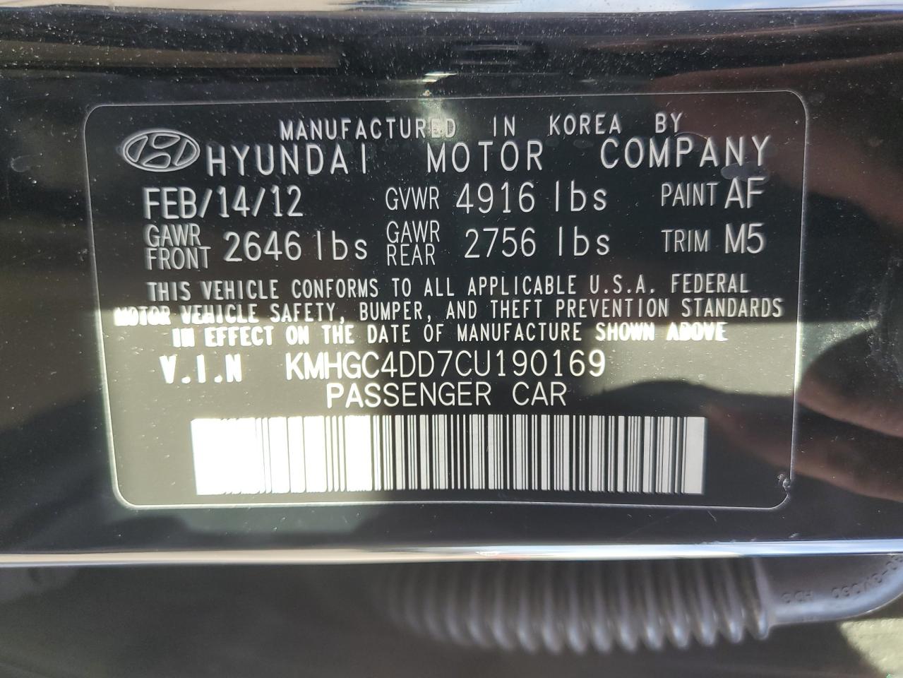 2012 Hyundai Genesis VIN KMHGC4DD7CU190169 Copart auction photo, mechanical damage thumbnail 12