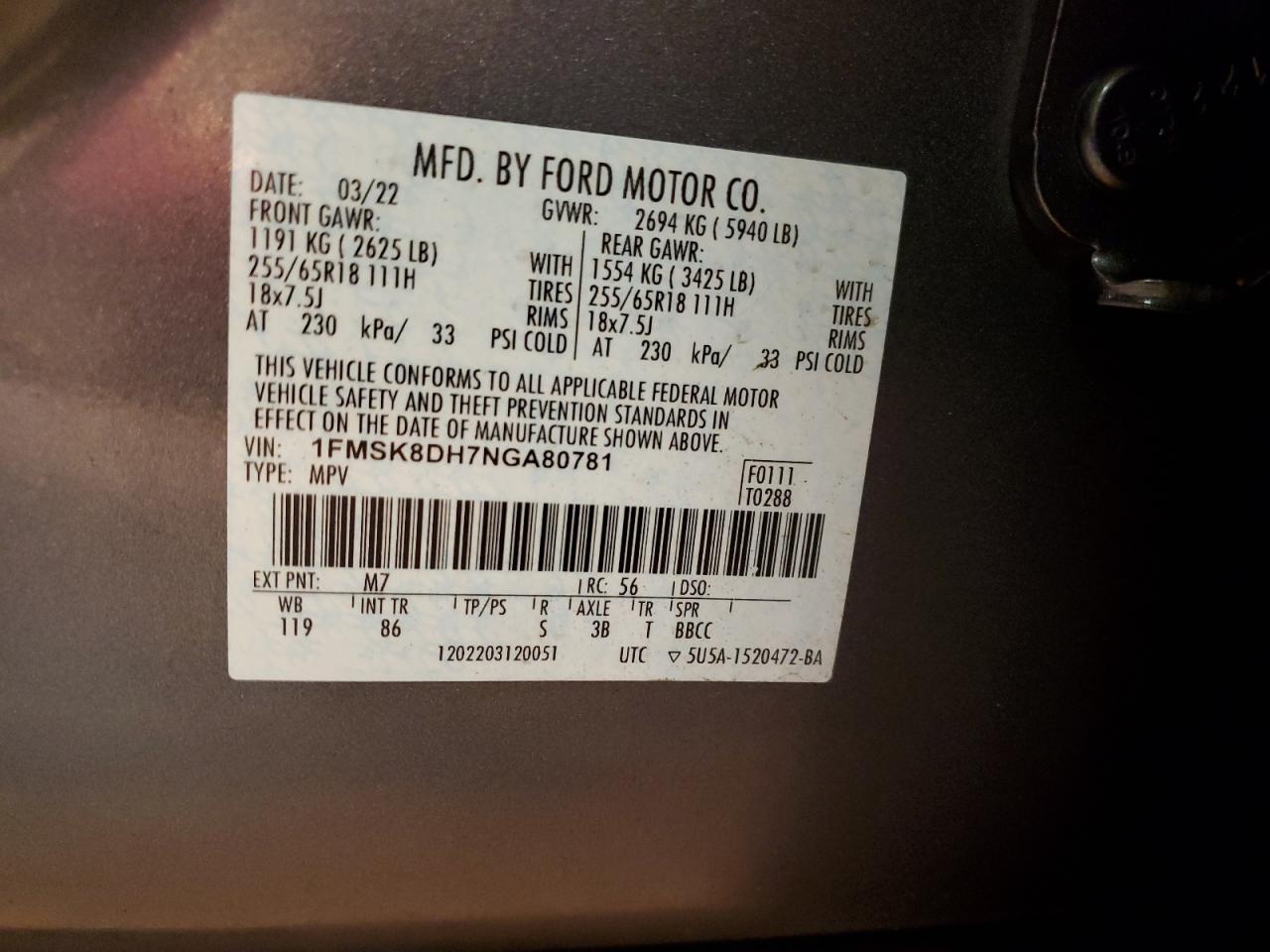 2022 Ford Explorer VIN 1FMSK8DH7NGA80781 Copart auction photo, front end / minor dent/scratches damage thumbnail 15