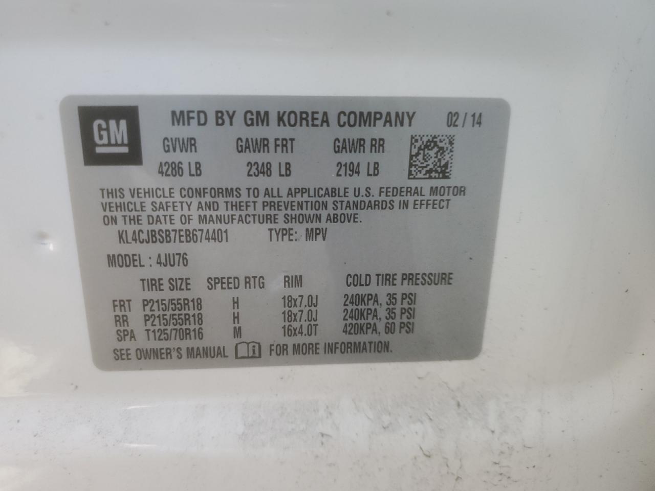 2014 Buick Encore VIN KL4CJBSB7EB674401 Copart auction photo, front end / minor dent/scratches damage thumbnail 15
