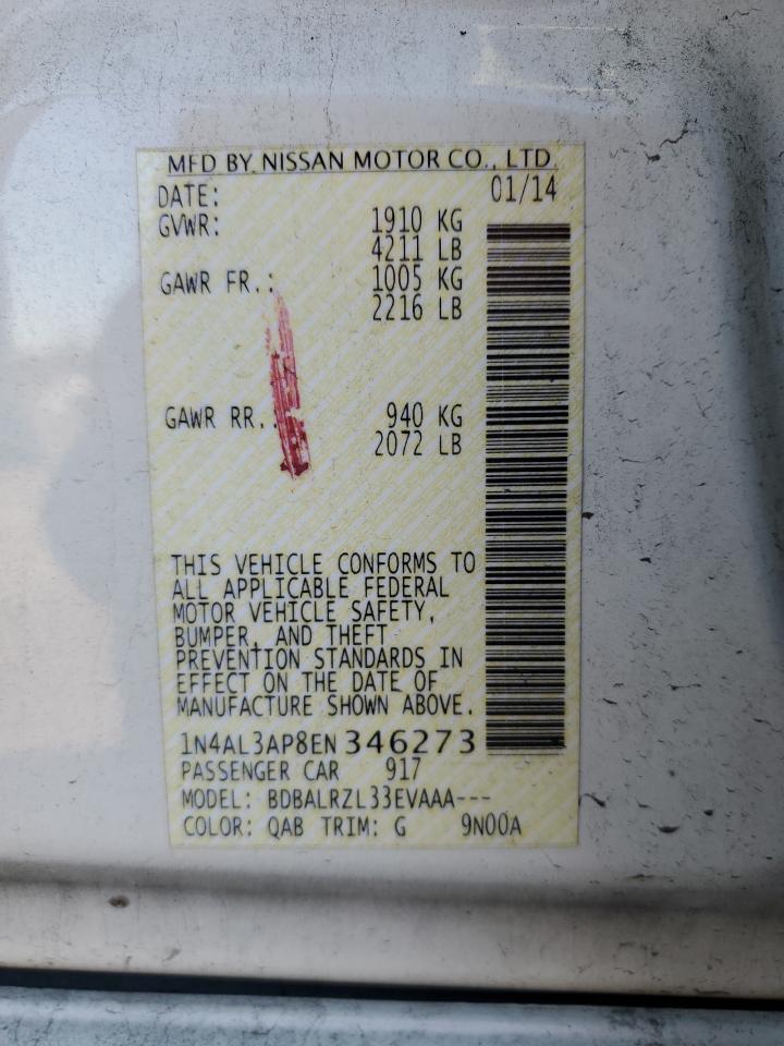 2014 Nissan Altima VIN 1N4AL3AP8EN346273 Copart auction photo, rear end damage thumbnail 12