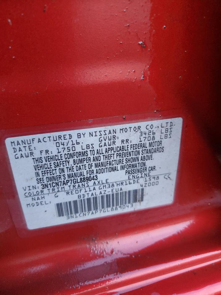 2016 Nissan Versa VIN 3N1CN7AP7GL889043 Copart auction photo, front end damage thumbnail 12