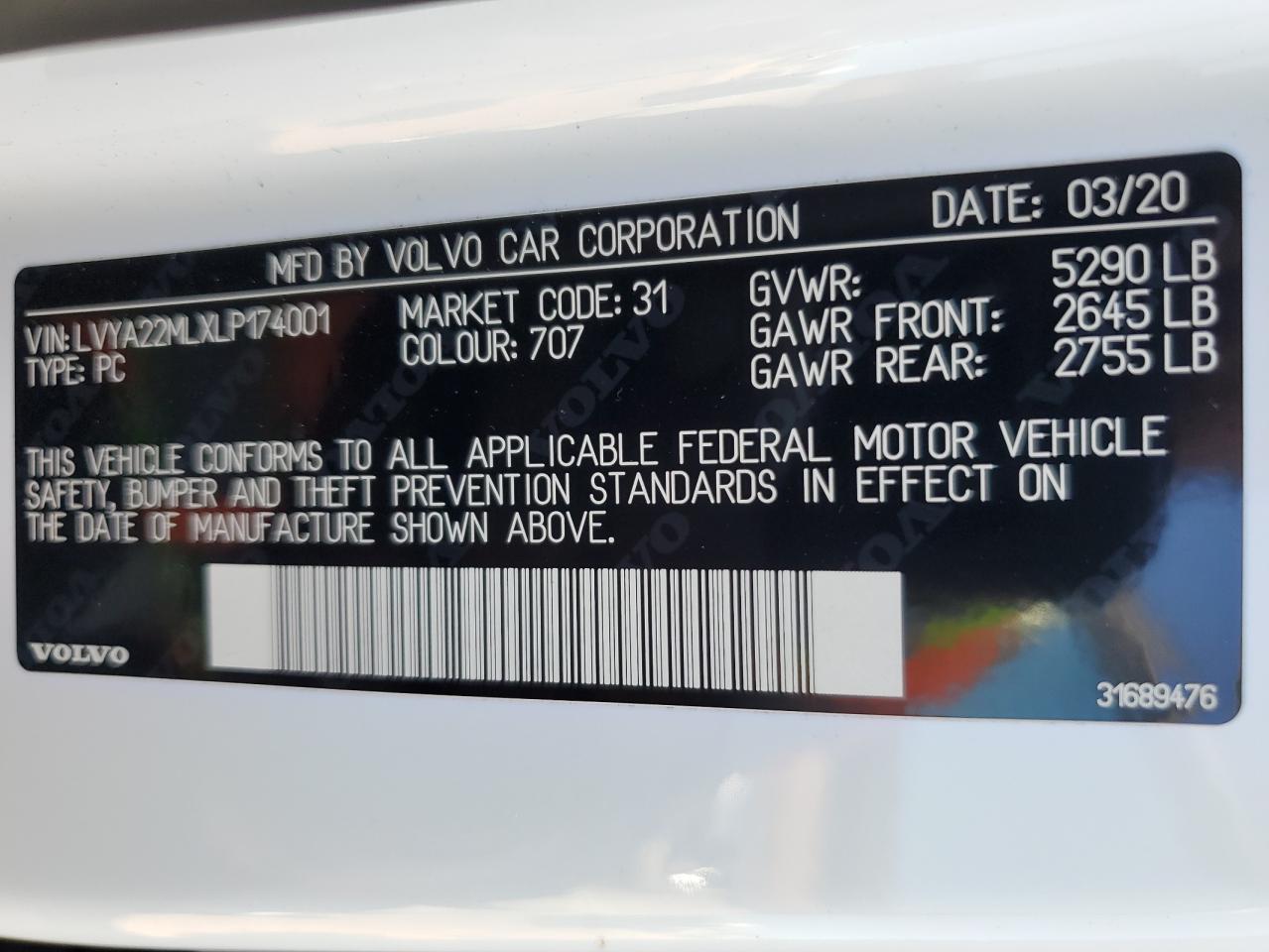 2020 Volvo S90 VIN LVYA22MLXLP174001 Copart auction photo, minor dent/scratches damage thumbnail 12
