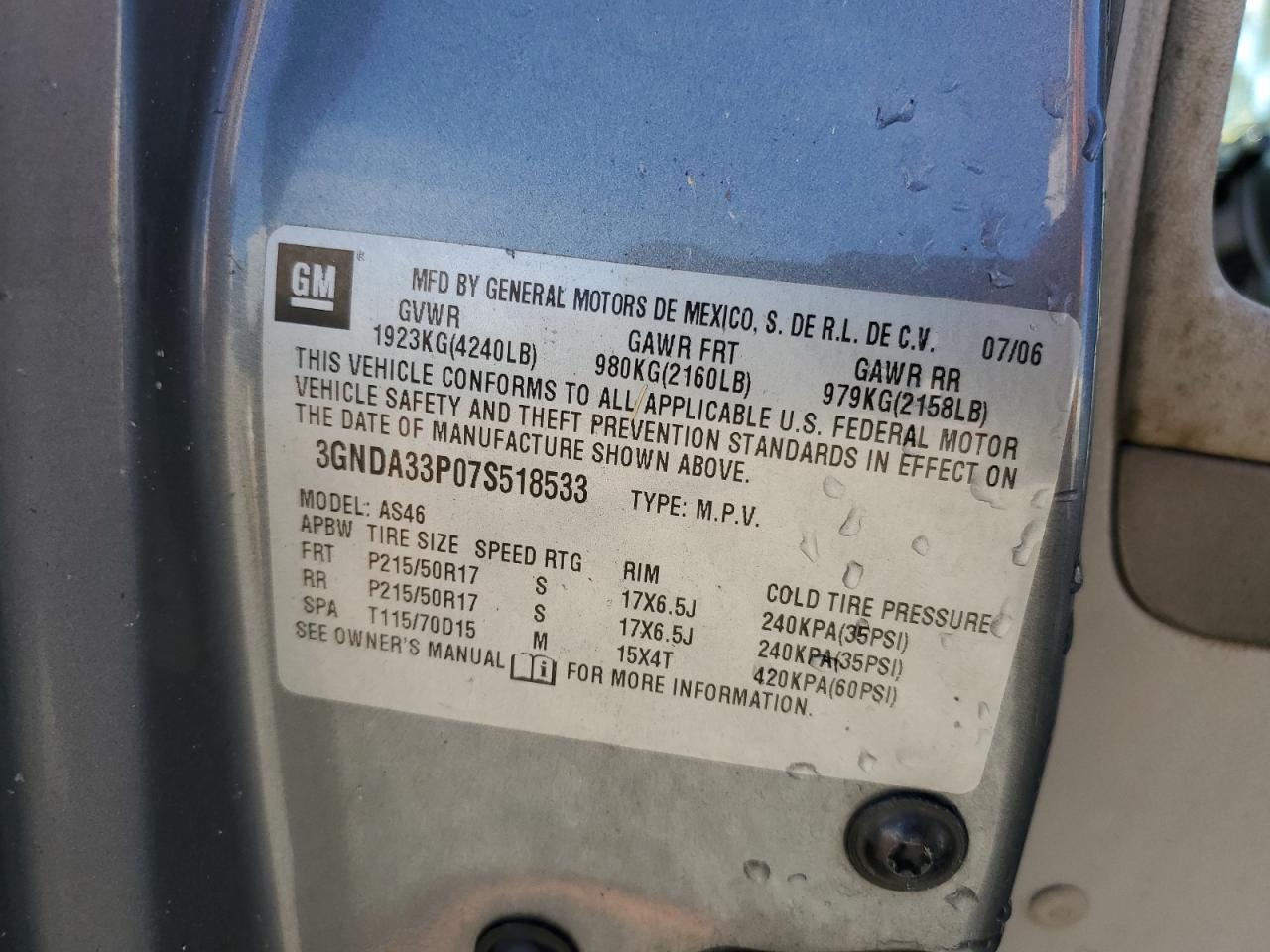 2007 Chevrolet HHR VIN 3GNDA33P07S518533 Copart auction photo, water/flood / side damage thumbnail 14