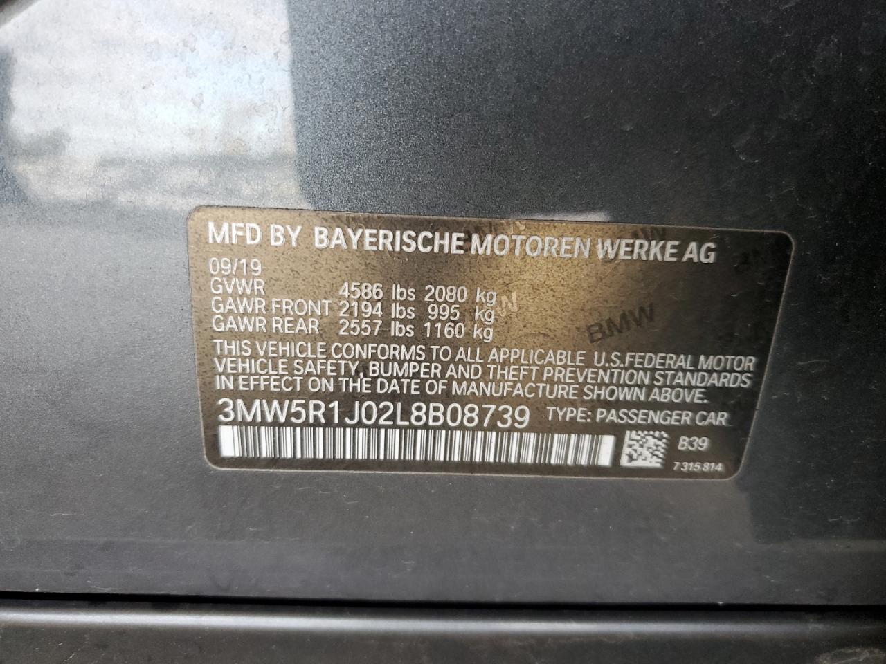 2020 BMW 3er VIN 3MW5R1J02L8B08739 Copart auction photo, front end damage thumbnail 14