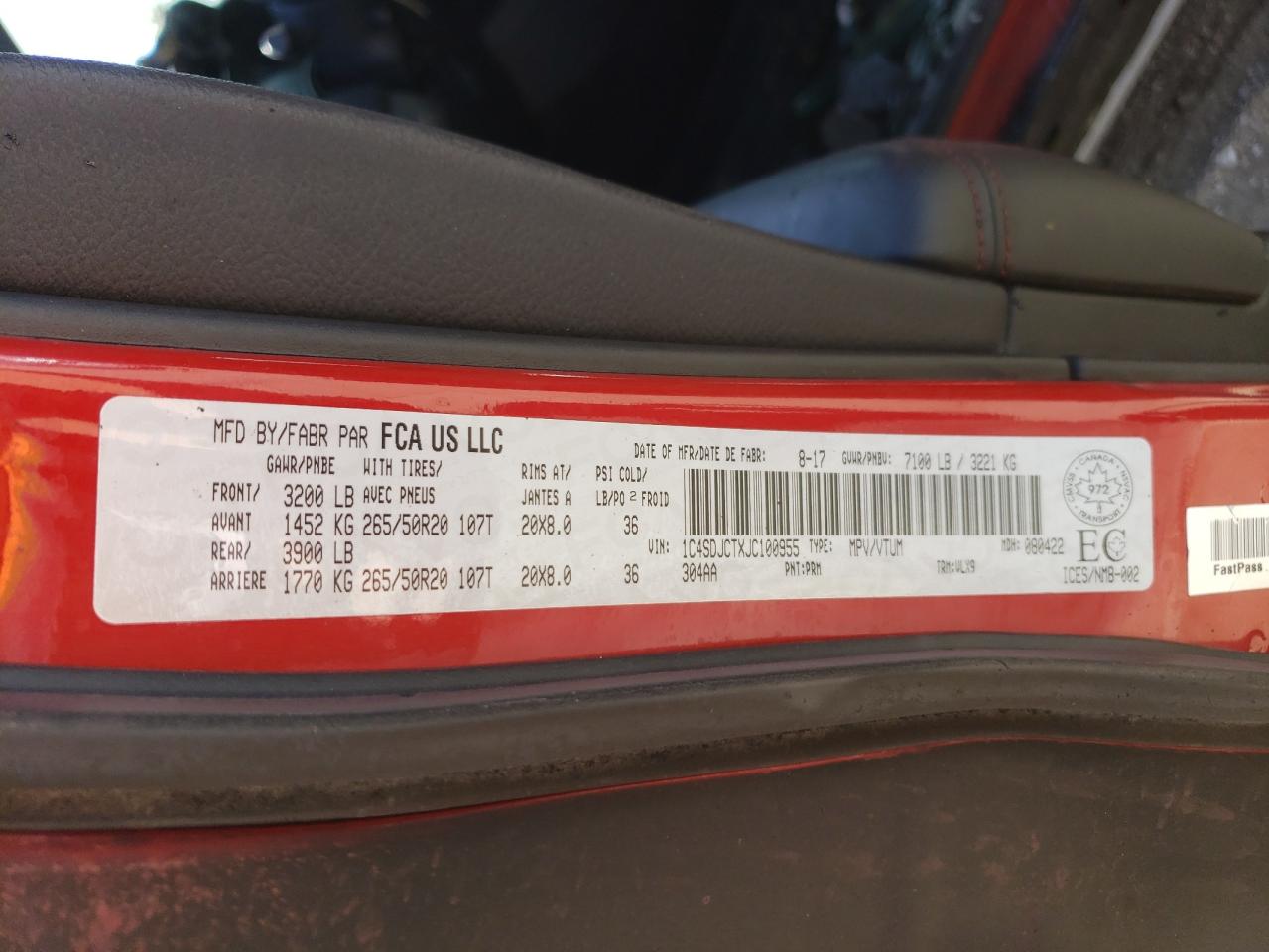2018 Dodge Durango VIN 1C4SDJCTXJC100955 Copart auction photo, burn damage thumbnail 14