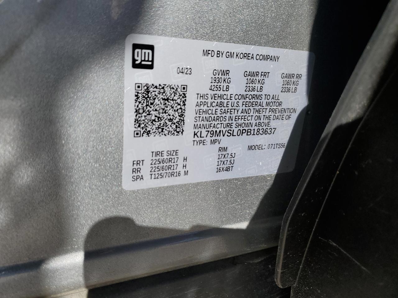 2023 Chevrolet TrailBlazer VIN KL79MVSL0PB183637 Copart auction photo, front end damage thumbnail 13