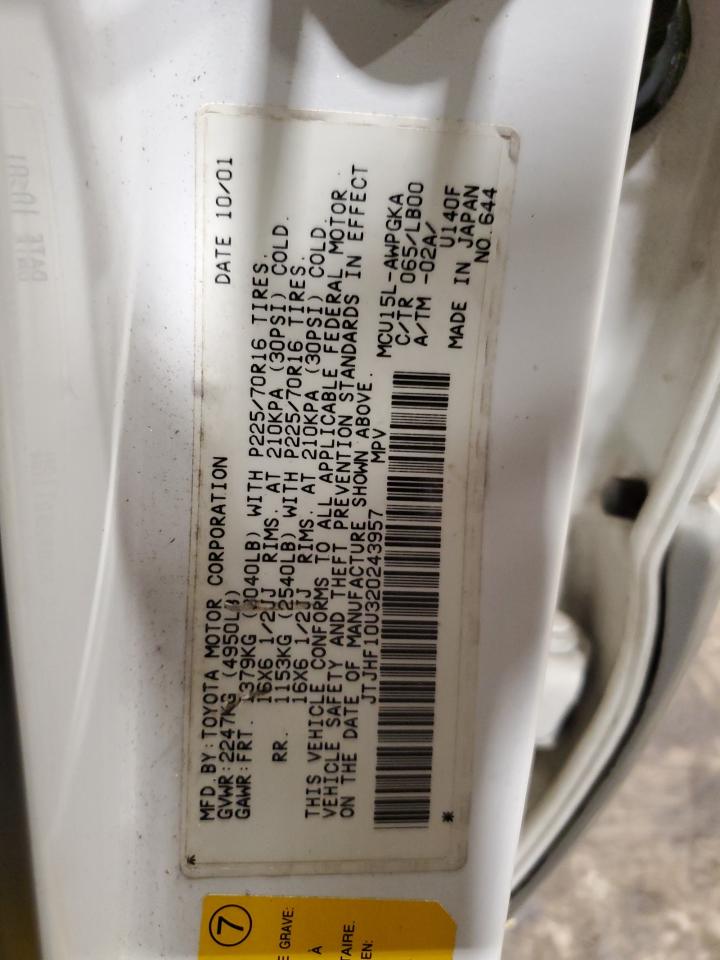 2002 Lexus RX VIN JTJHF10U320243957 Copart auction photo, rear end / front end damage thumbnail 12