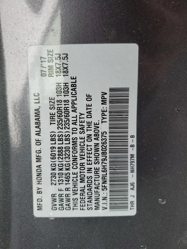 2018 Honda Odyssey VIN 5FNRL6H79JB026375 Copart auction photo, front end / side damage thumbnail 13