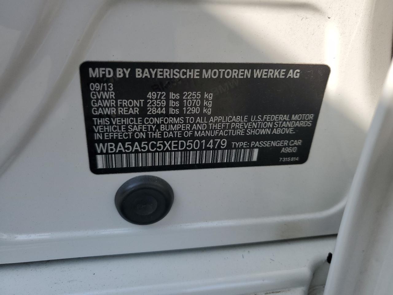 2014 BMW 5er VIN WBA5A5C5XED501479 Copart auction photo, side damage thumbnail 14