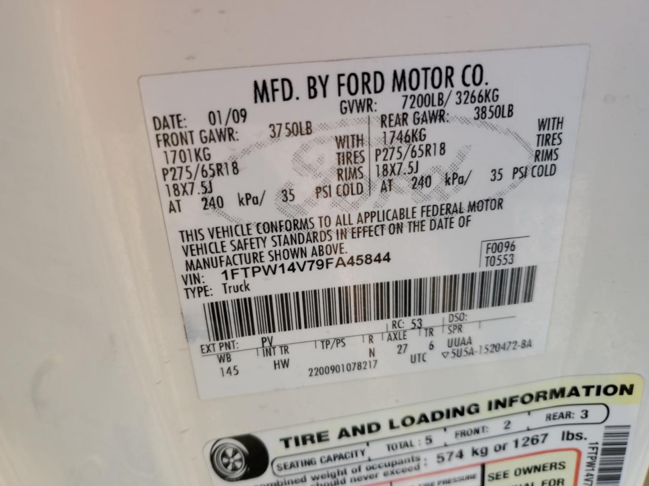 2009 Ford F-150 VIN 1FTPW14V79FA45844 Copart auction photo, front end / mechanical damage thumbnail 14