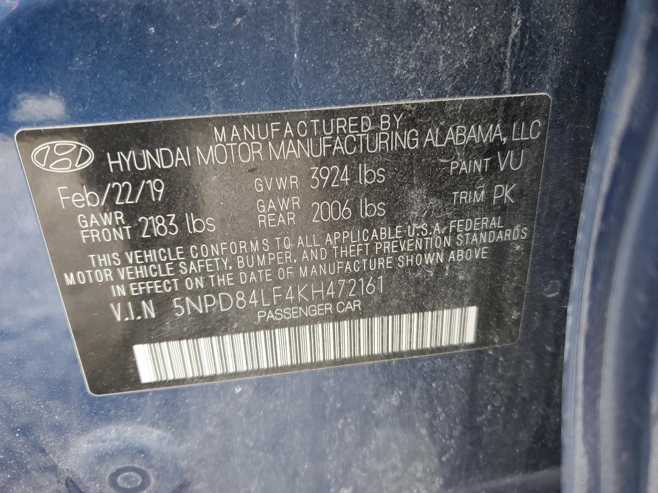2019 Hyundai Elantra VIN 5NPD84LF4KH472161 Copart auction photo, vandalism damage thumbnail 12