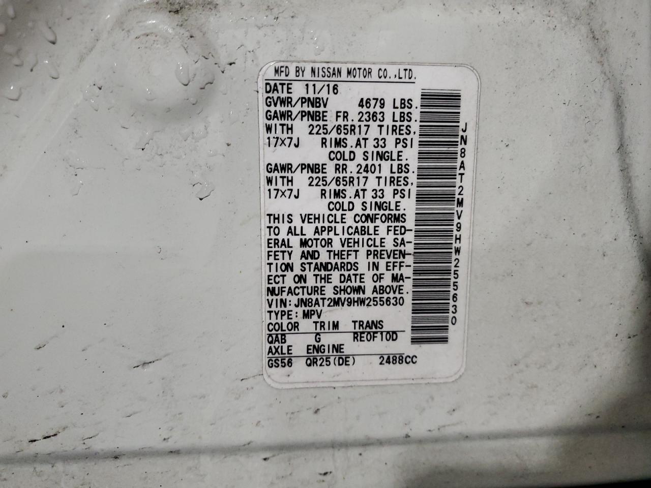 2017 Nissan Rogue VIN JN8AT2MV9HW255630 Copart auction photo, side / front end damage thumbnail 14