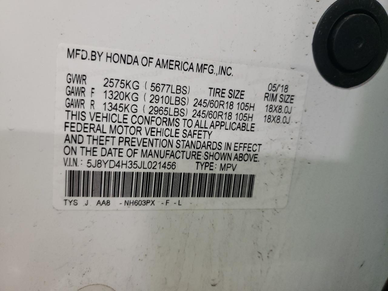 2018 Acura MDX VIN 5J8YD4H35JL021456 Copart auction photo, rear end damage thumbnail 14