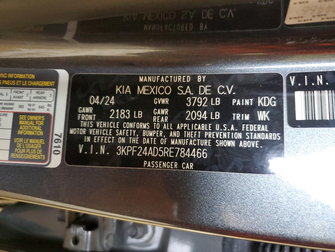 2024 KIA Forte VIN 3KPF24AD5RE784466 Copart auction photo, side / front end damage thumbnail 12