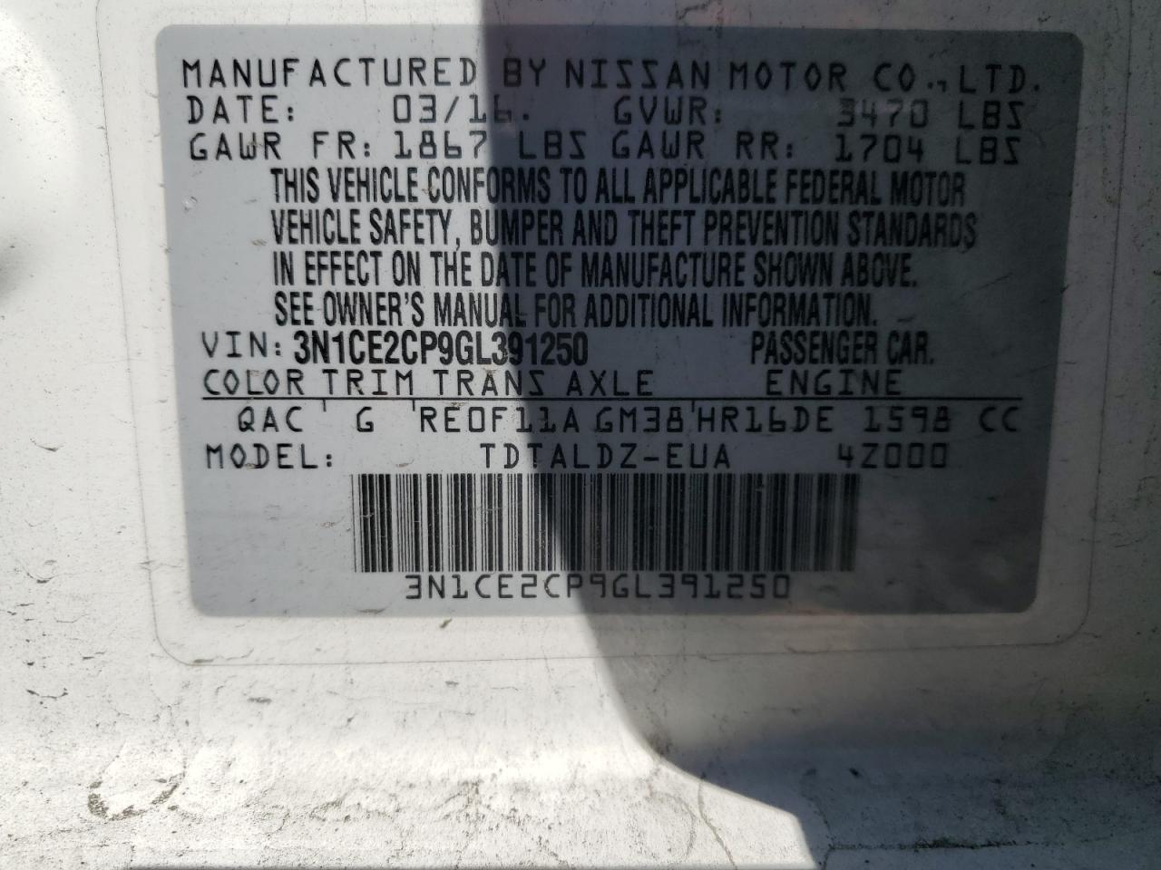 2016 Nissan Versa VIN 3N1CE2CP9GL391250 Copart auction photo, side / front end damage thumbnail 12